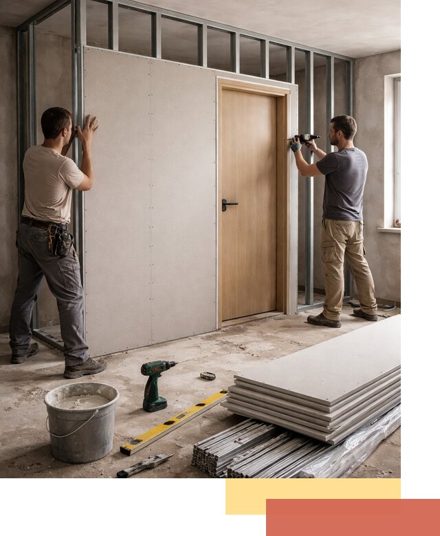 Перегородка из гипсокартона с дверью под ключ в Урюпинске