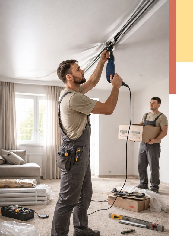 Монтаж сатинового натяжного потолка в Урюпинске от 3605 руб. | Быстро, недорого — ОТДЕЛОЧНИК-Рюп