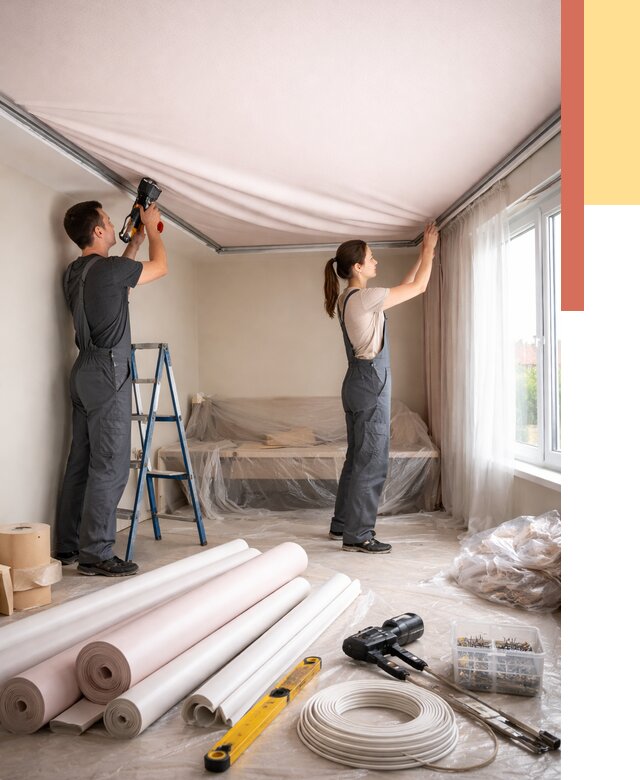 Монтаж цветного натяжного потолка в Урюпинске от 4326 руб/м² — быстро и недорого | ОТДЕЛОЧНИК-Рюп