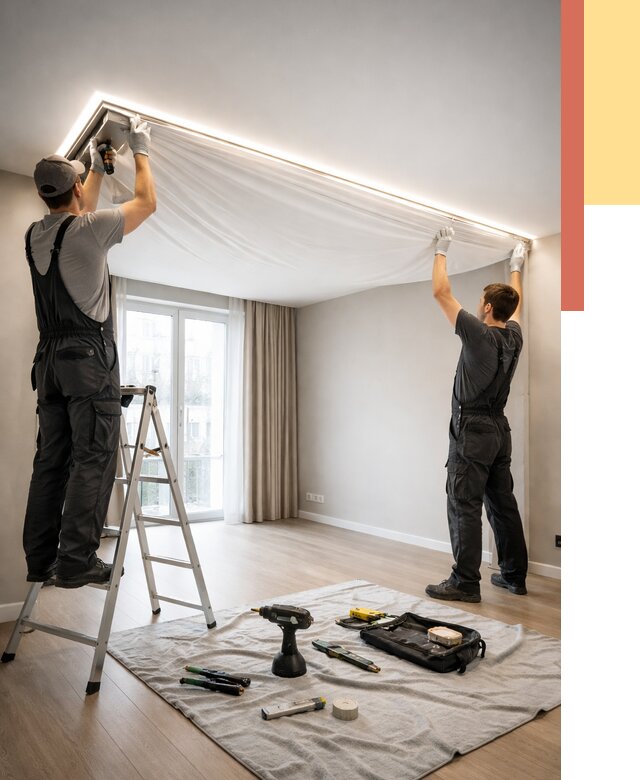 Монтаж парящего натяжного потолка в Урюпинске от 4635 руб. быстро и недорого | ОТДЕЛОЧНИК-Рюп