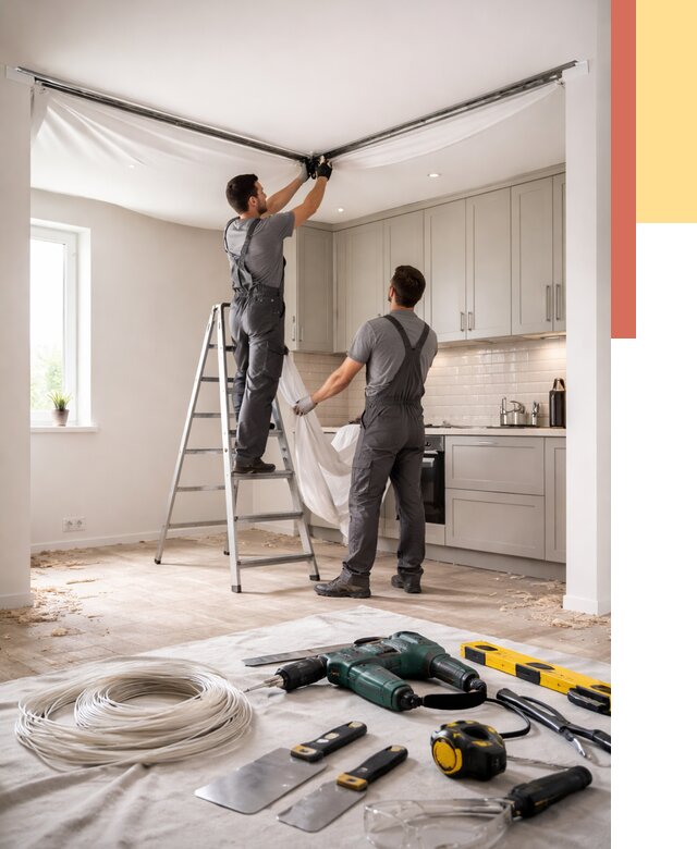 Установка натяжного потолка на кухне в Урюпинске от 2472 руб. | ОТДЕЛОЧНИК-Рюп