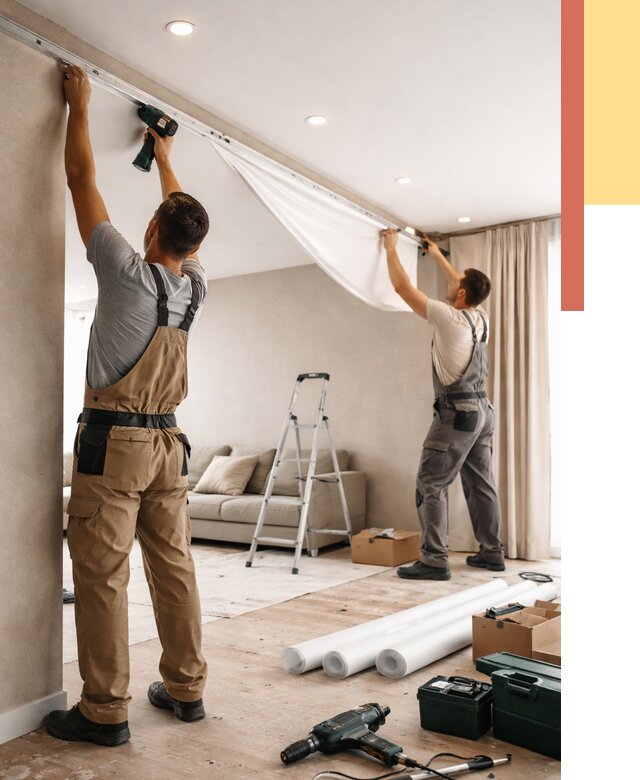 Монтаж натяжного потолка в гостиной в Урюпинске от 567 руб. | ОТДЕЛОЧНИК-Рюп