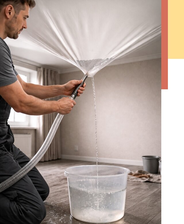 Слив воды с натяжного потолка в Урюпинске от 2575 руб. быстро и недорого | ОТДЕЛОЧНИК-Рюп