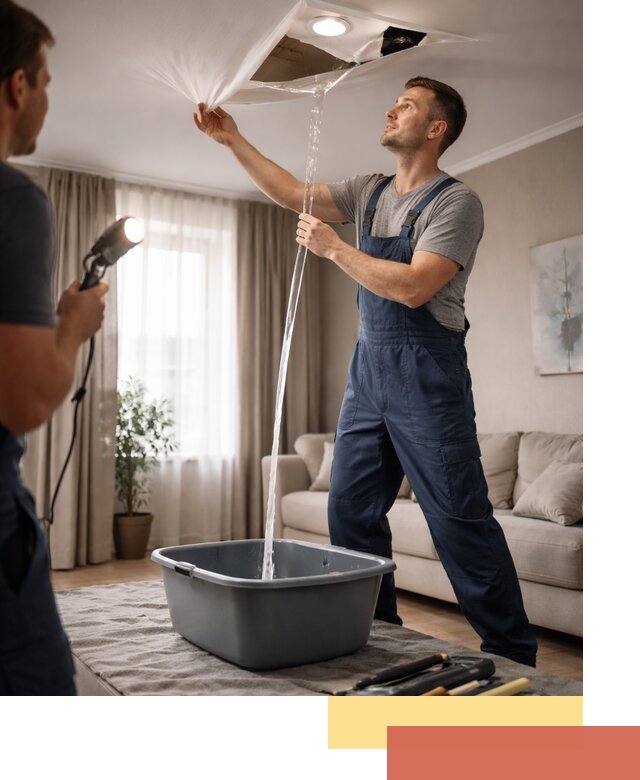 Слив воды с натяжного потолка в Урюпинске быстро и аккуратно