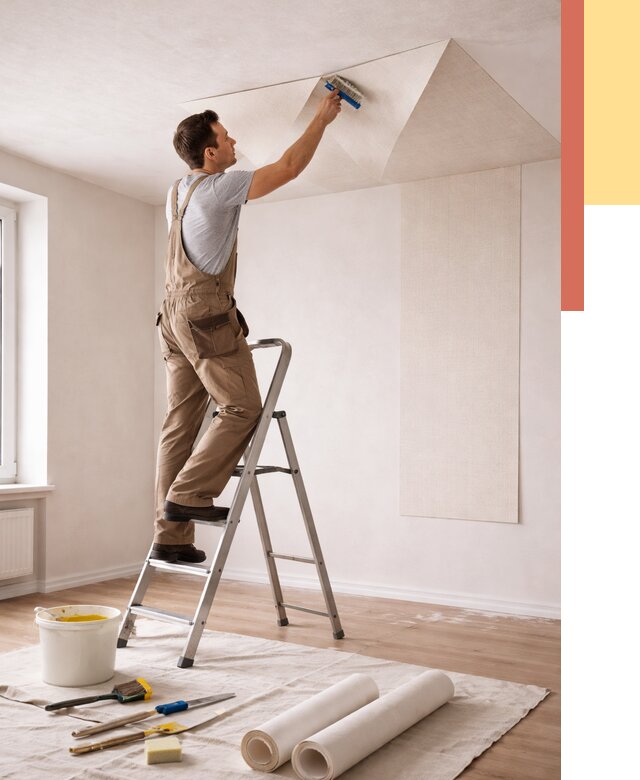 Поклейка обоев на потолок в Урюпинске от 4635 руб. быстро и недорого | ОТДЕЛОЧНИК-Рюп